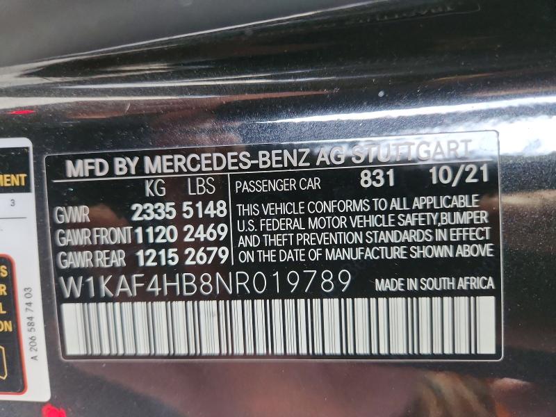 2022 Mercedes-benz C მანქანა იყიდება აუქციონზე, vin: W1KAF4HB8NR019789, აუქციონის ნომერი: 72854125