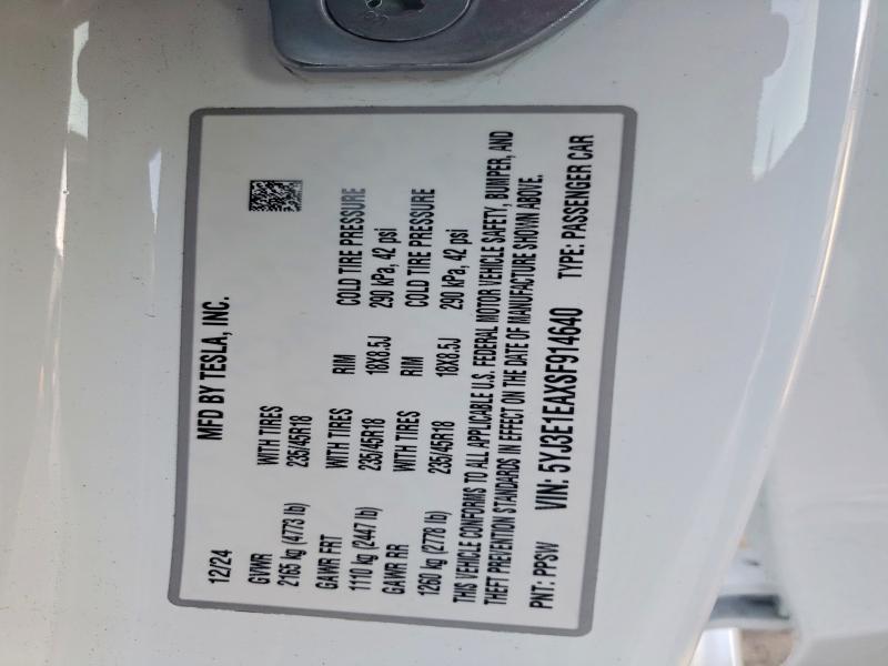 2025 Tesla Model 3 მანქანა იყიდება აუქციონზე, vin: 5YJ3E1EAXSF914640, აუქციონის ნომერი: 73664885