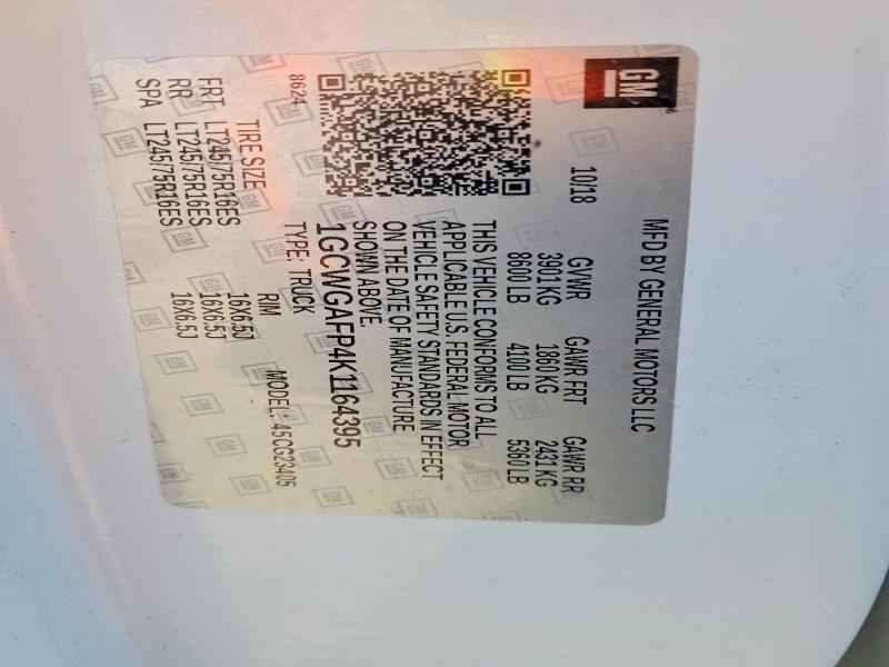 98376535 :رقم المزاد ، 1GCWGAFP4K1164395 vin ، 2019 Chevrolet Express G2 مزاد بيع