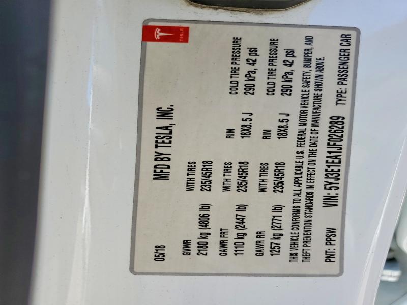 72792425 :رقم المزاد ، 5YJ3E1EA1JF026289 vin ، 2018 Tesla Model 3 مزاد بيع