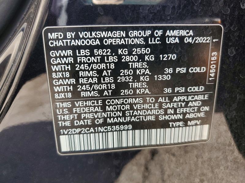 Продажа на аукционе авто 2022 Volkswagen Atlas, vin: 1V2DP2CA1NC535999, номер лота: 72828735