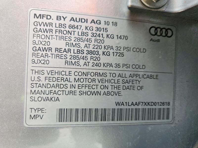 73808465 :رقم المزاد ، WA1LAAF7XKD012618 vin ، 2019 Audi Q7 مزاد بيع