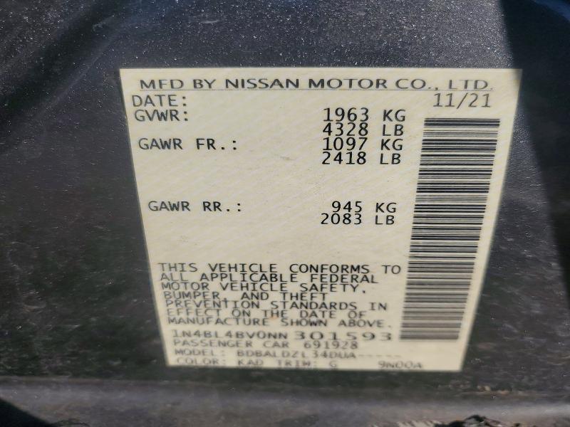 2022 Nissan Altima მანქანა იყიდება აუქციონზე, vin: 1N4BL4BV0NN301593, აუქციონის ნომერი: 98797955