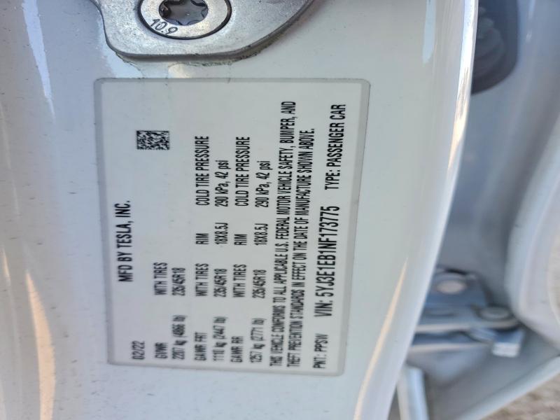 Продаж на аукціоні авто 2022 Tesla Model 3, vin: 5YJ3E1EB1NF173775, номер лоту: 73601325