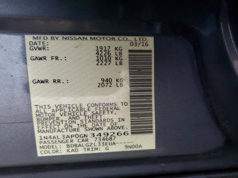 97839245 :رقم المزاد ، 1N4AL3AP0GN349266 vin ، 2016 Nissan Altima مزاد بيع