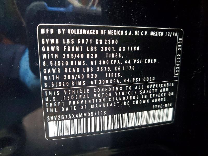 2021 Volkswagen Tiguan მანქანა იყიდება აუქციონზე, vin: 3VV2B7AX4MM057118, აუქციონის ნომერი: 73105695