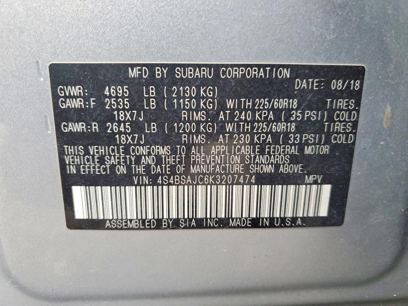 2019 Subaru Outback მანქანა იყიდება აუქციონზე, vin: 4S4BSAJC6K3207474, აუქციონის ნომერი: 97577965