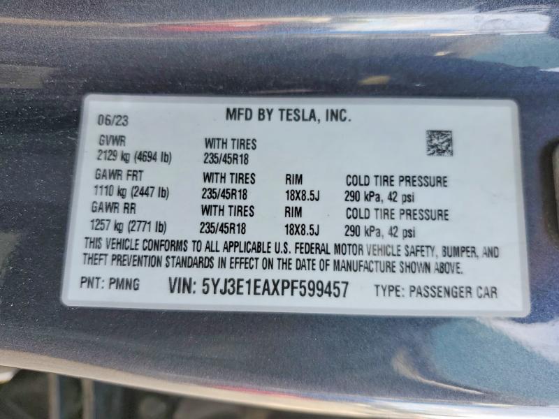 Продажа на аукционе авто 2023 Tesla Model 3, vin: 5YJ3E1EAXPF599457, номер лота: 99138685