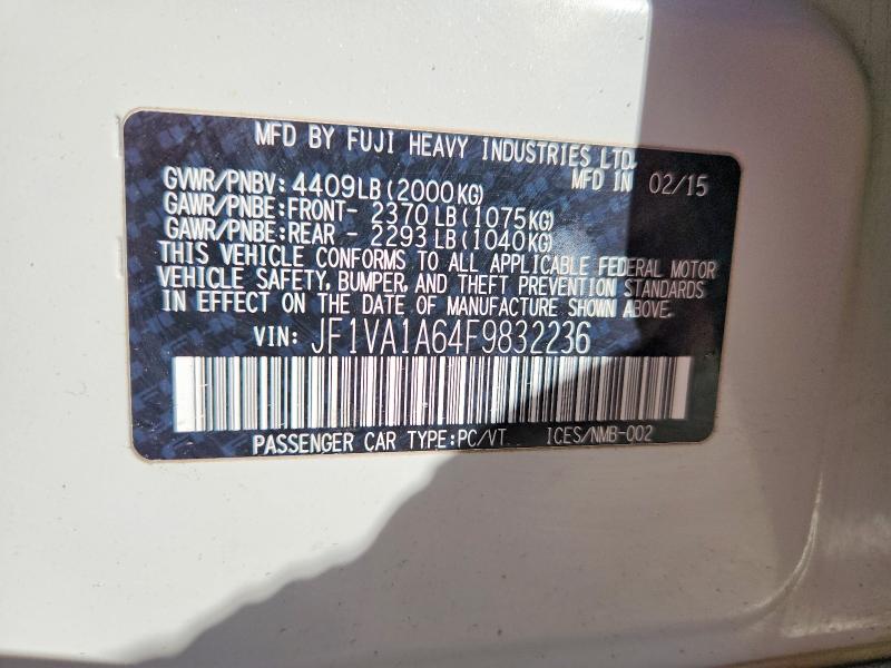 2015 Subaru Wrx მანქანა იყიდება აუქციონზე, vin: JF1VA1A64F9832236, აუქციონის ნომერი: 75200225