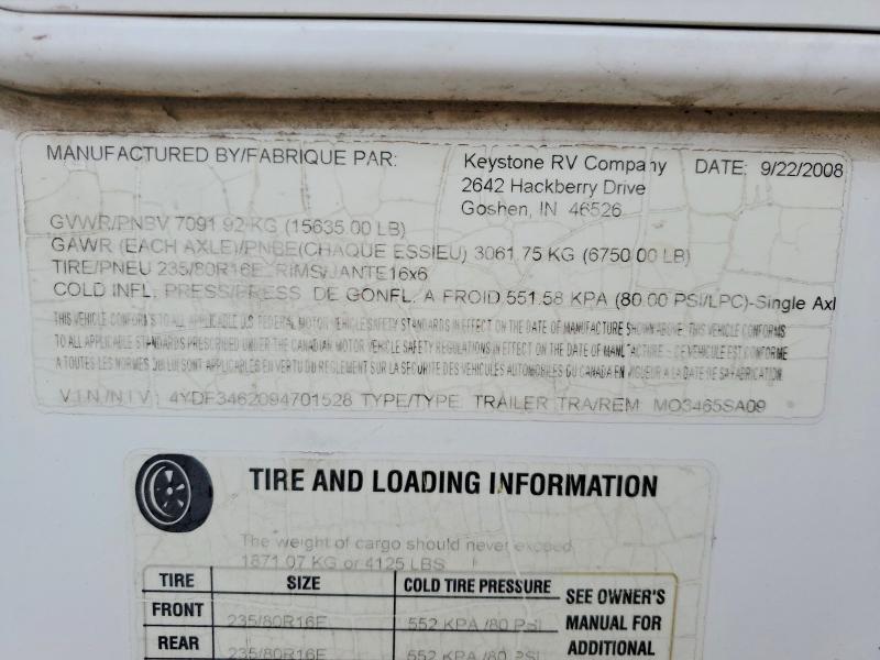 Aukcja sprzedaży 2009 Keystone Rv Trailer, vin: 4YDF3462094701528, numer aukcji: 99773845