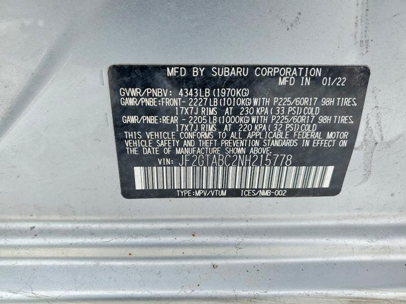 Продаж на аукціоні авто 2022 Subaru Crosstrek, vin: JF2GTABC2NH215778, номер лоту: 90435375