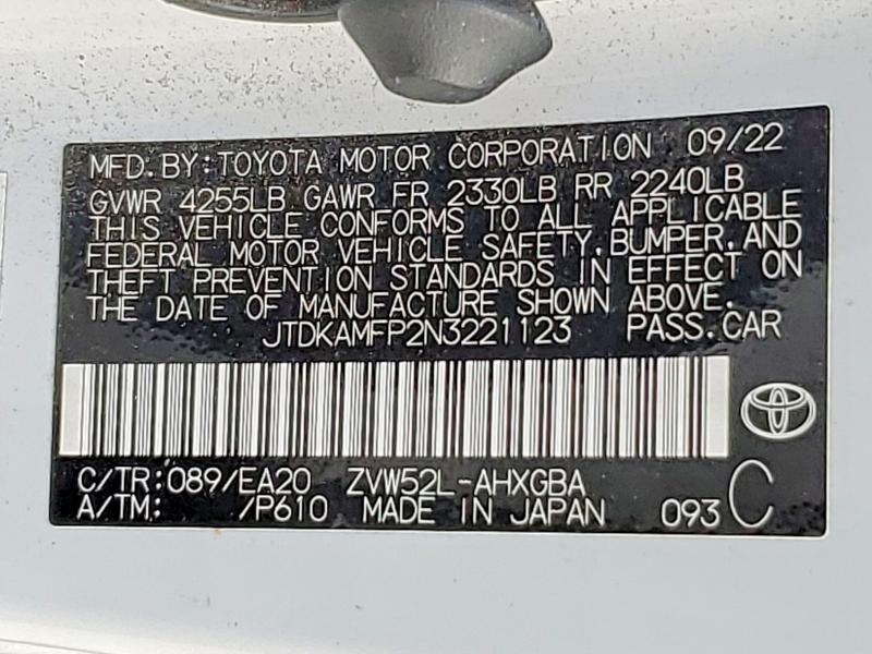 74494785 :رقم المزاد ، JTDKAMFP2N3221123 vin ، 2022 Toyota Prius Prime مزاد بيع