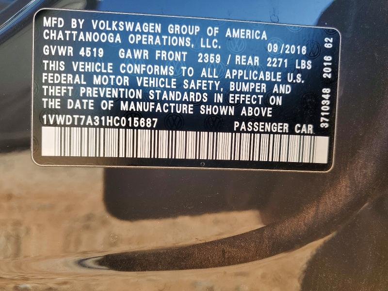 74083115 :رقم المزاد ، 1VWDT7A31HC015687 vin ، 2017 Volkswagen Passat مزاد بيع