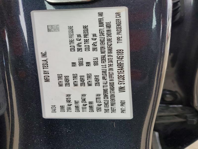 74138975 :رقم المزاد ، 5YJ3E1EA4RF745189 vin ، 2024 Tesla Model 3 مزاد بيع