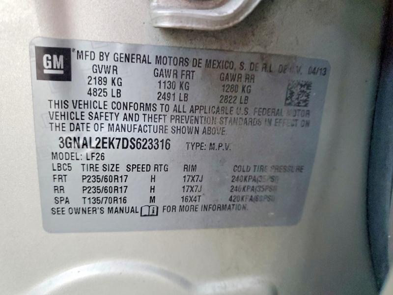 2013 Chevrolet Captiva Ls მანქანა იყიდება აუქციონზე, vin: 3GNAL2EK7DS623316, აუქციონის ნომერი: 98779955