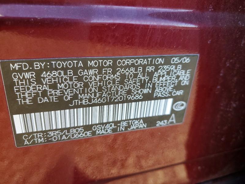 72327985 :رقم المزاد ، JTHBJ46G172019686 vin ، 2007 Lexus Es مزاد بيع