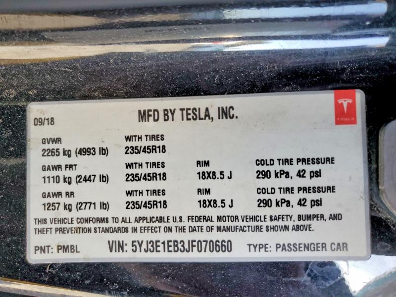 Продаж на аукціоні авто 2018 Tesla Model 3, vin: 5YJ3E1EB3JF070660, номер лоту: 75500105