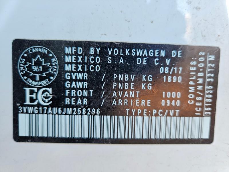 72940275 :رقم المزاد ، 3VWG17AU6JM258296 vin ، 2018 Volkswagen Golf مزاد بيع