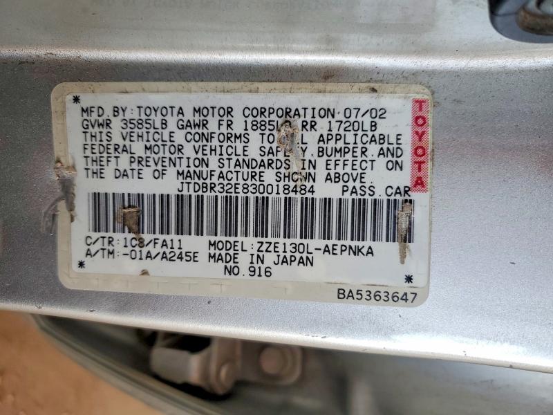 75274865 :رقم المزاد ، JTDBR32E830018484 vin ، 2003 Toyota Corolla مزاد بيع