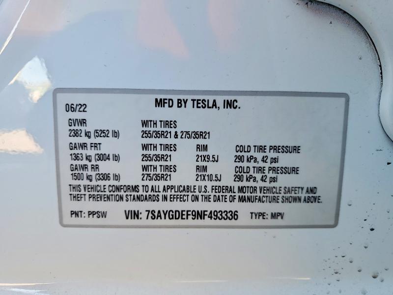 73417355 :رقم المزاد ، 7SAYGDEF9NF493336 vin ، 2022 Tesla Model Y مزاد بيع