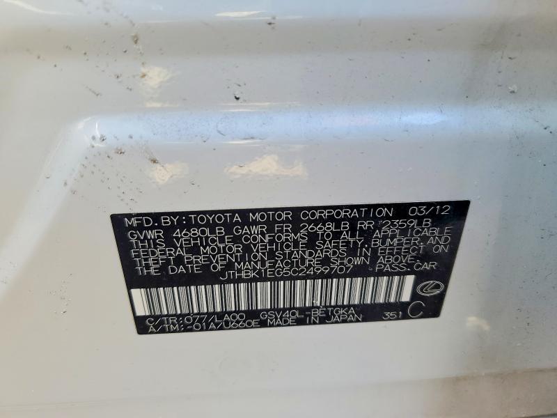 75076385 :رقم المزاد ، JTHBK1EG5C2499707 vin ، 2012 Lexus Es مزاد بيع