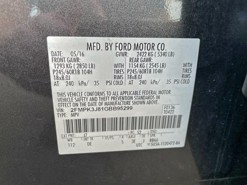 73752465 :رقم المزاد ، 2FMPK3J81GBB95299 vin ، 2016 Ford Edge Sel مزاد بيع