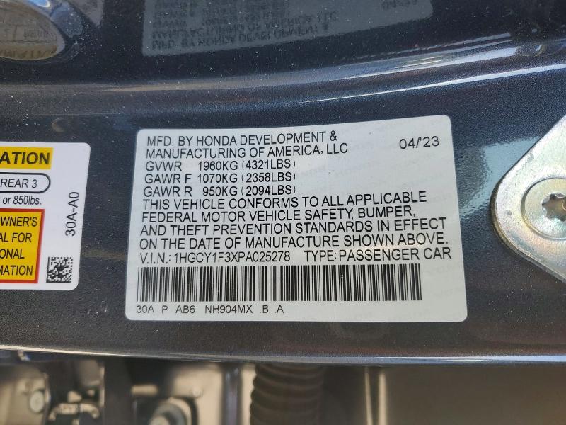Aukcja sprzedaży 2023 Honda Accord, vin: 1HGCY1F3XPA025278, numer aukcji: 73522955