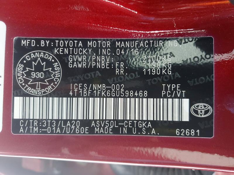 Aukcja sprzedaży 2016 Toyota Camry, vin: 4T1BF1FK6GU598468, numer aukcji: 72332345