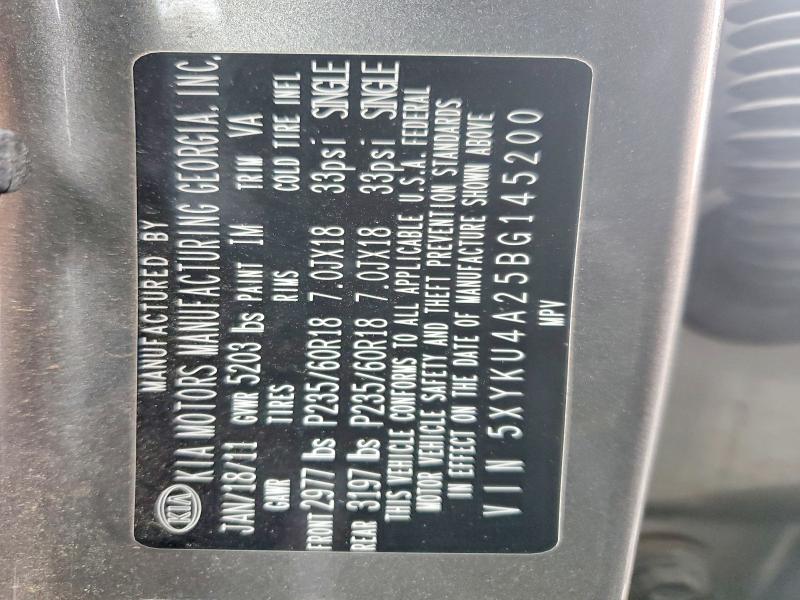 2011 Kia Sorento მანქანა იყიდება აუქციონზე, vin: 5XYKU4A25BG145200, აუქციონის ნომერი: 75355625