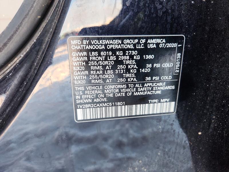 98770655 :رقم المزاد ، 1V2BR2CAXMC511801 vin ، 2021 Volkswagen Atlas مزاد بيع