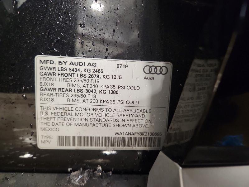96250605 :رقم المزاد ، WA1ANAFY8K2138685 vin ، 2019 Audi Q5 مزاد بيع