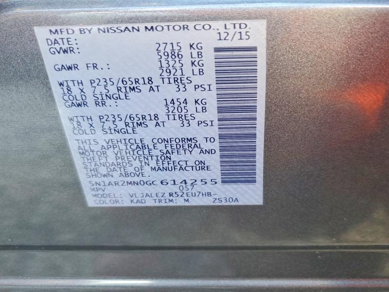 Aukcja sprzedaży 2016 Nissan Pathfinder, vin: 5N1AR2MN0GC614255, numer aukcji: 72640805