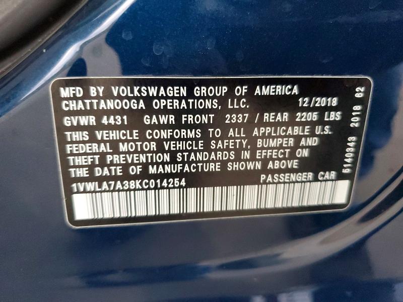 2019 Volkswagen Passat Wol მანქანა იყიდება აუქციონზე, vin: 1VWLA7A38KC014254, აუქციონის ნომერი: 76845455