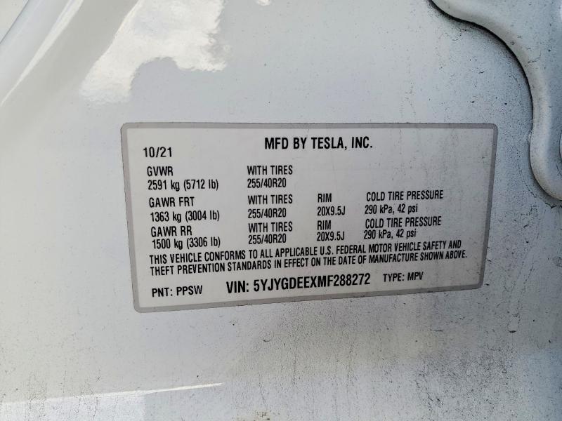 Aukcja sprzedaży 2021 Tesla Model Y, vin: 5YJYGDEEXMF288272, numer aukcji: 72998925