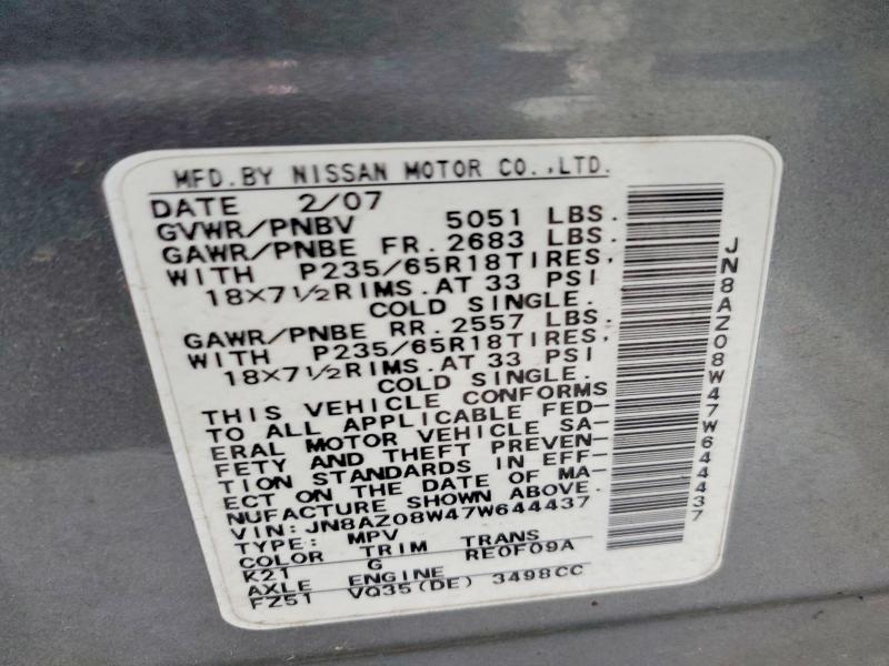 Продаж на аукціоні авто 2007 Nissan Murano, vin: JN8AZ08W47W644437, номер лоту: 72826015
