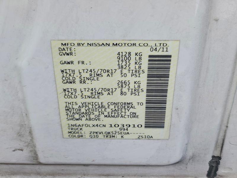 Aukcja sprzedaży 2012 Nissan Nv 2500, vin: 1N6AF0LX4CN103910, numer aukcji: 95626265