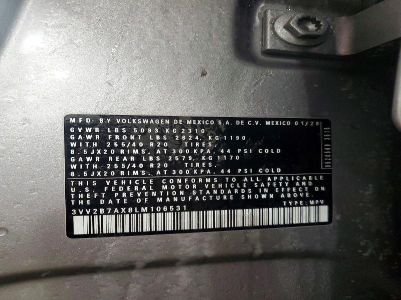 73999615 :رقم المزاد ، 3VV2B7AX8LM106531 vin ، 2020 Volkswagen Tiguan مزاد بيع