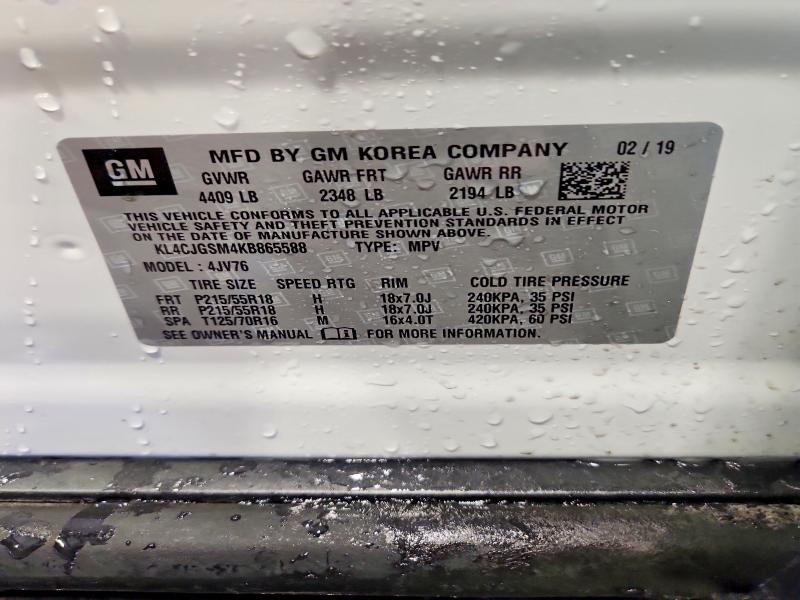 73090875 :رقم المزاد ، KL4CJGSM4KB865588 vin ، 2019 Buick Encore مزاد بيع