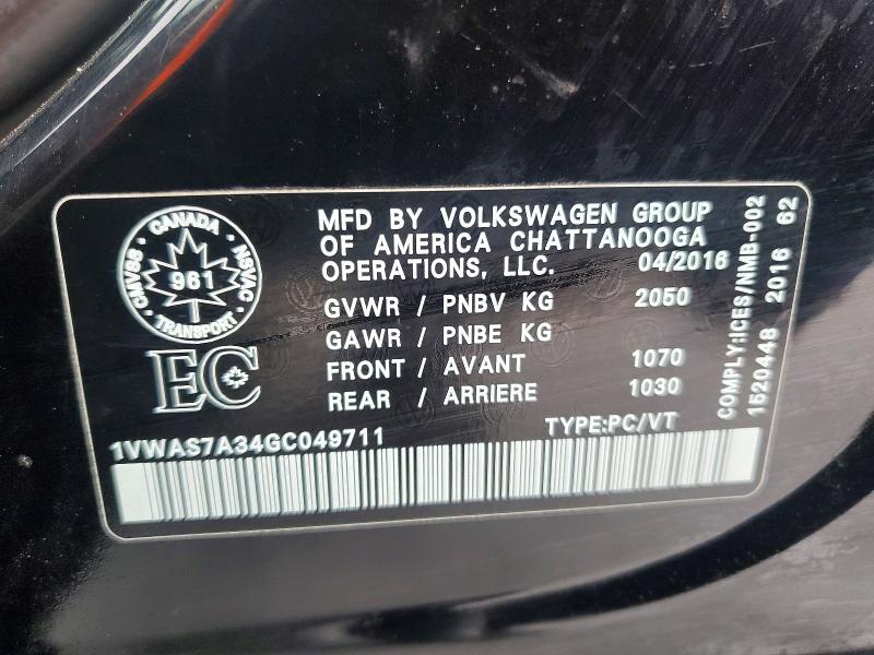 Aukcja sprzedaży 2016 Volkswagen Passat, vin: 1VWAS7A34GC049711, numer aukcji: 72199225
