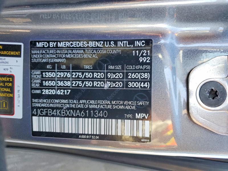 73378935 :رقم المزاد ، 4JGFB4KBXNA611340 vin ، 2022 Mercedes-benz Gle مزاد بيع