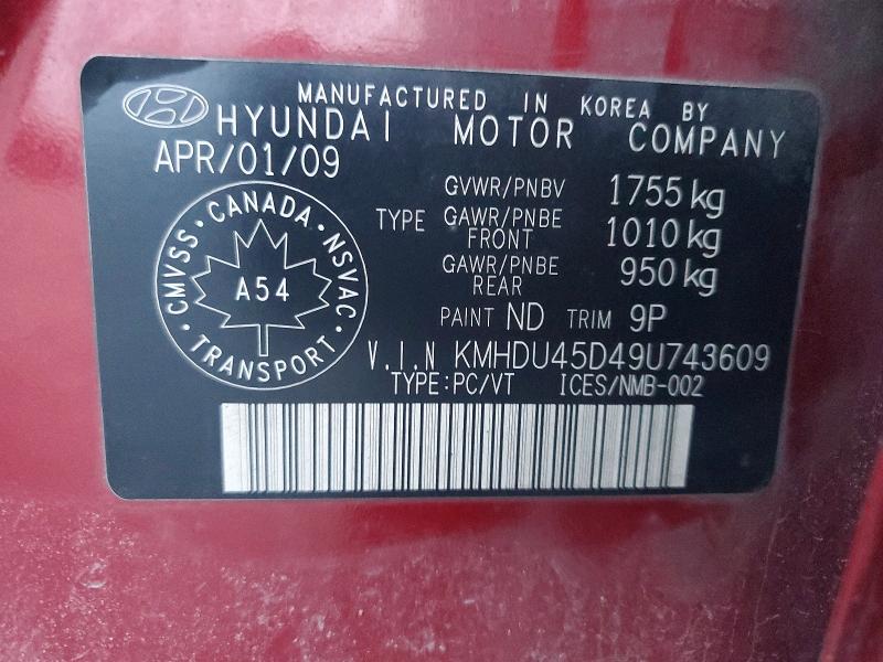 2009 Hyundai Elantra მანქანა იყიდება აუქციონზე, vin: KMHDU45D49U743609, აუქციონის ნომერი: 97706265