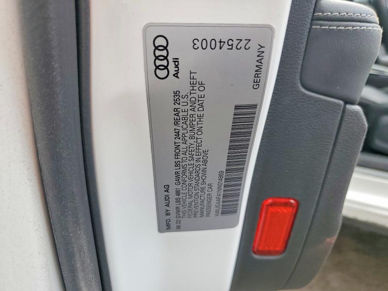 2022 Audi A4 მანქანა იყიდება აუქციონზე, vin: WAUEAAF41NN014869, აუქციონის ნომერი: 97456615