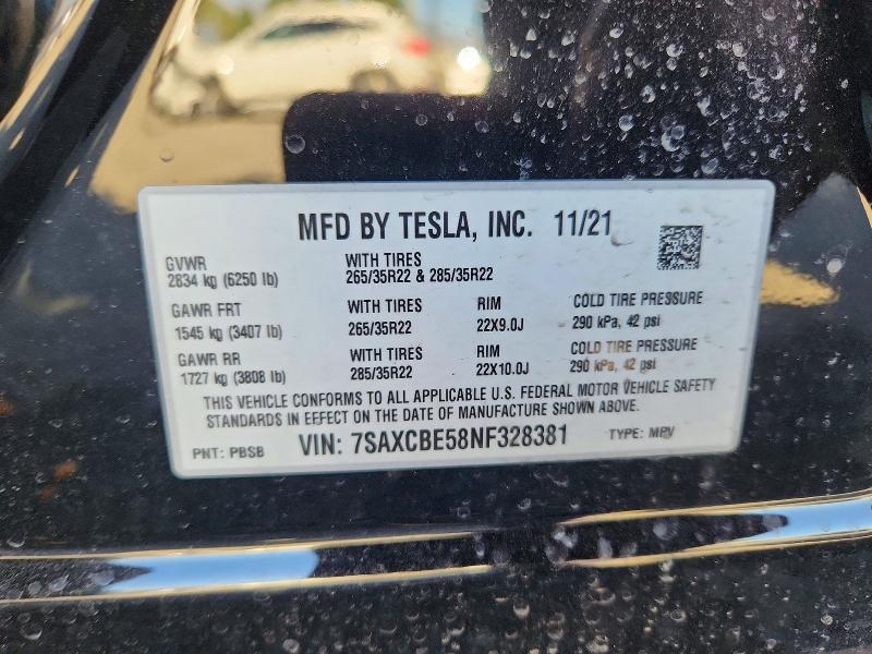 74792355 :رقم المزاد ، 7SAXCBE58NF328381 vin ، 2022 Tesla Model X مزاد بيع