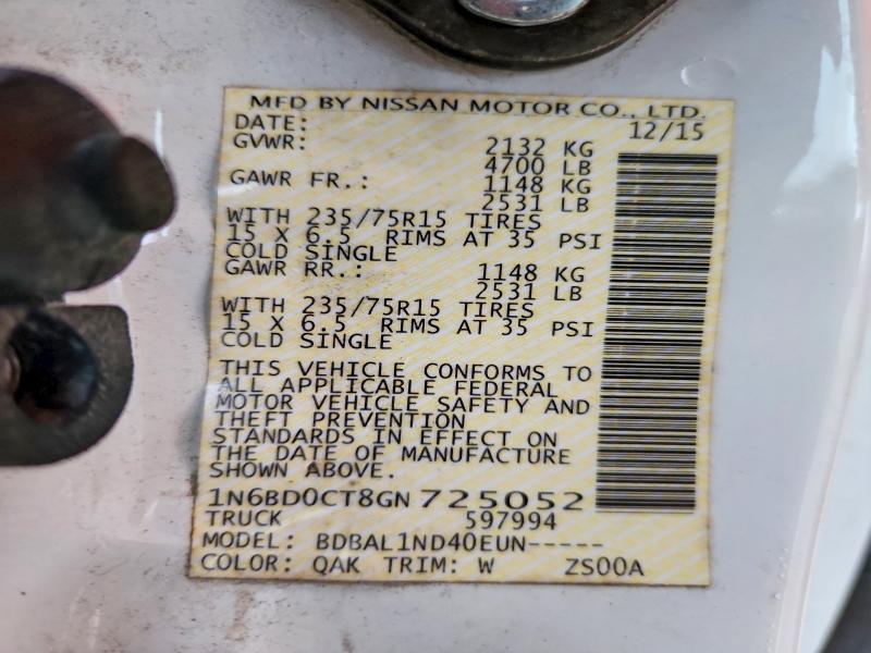 72376715 :رقم المزاد ، 1N6BD0CT8GN725052 vin ، 2016 Nissan Frontier مزاد بيع