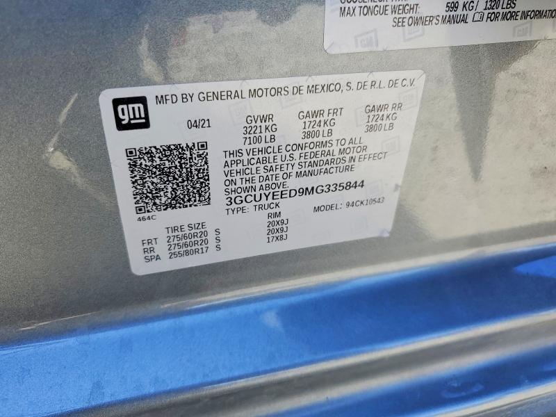 2021 Chevrolet Silverado მანქანა იყიდება აუქციონზე, vin: 3GCUYEED9MG335844, აუქციონის ნომერი: 73714585