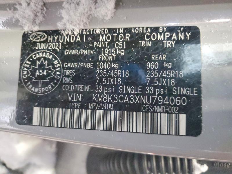 Продаж на аукціоні авто 2022 Hyundai Kona, vin: KM8K3CA3XNU794060, номер лоту: 74241835