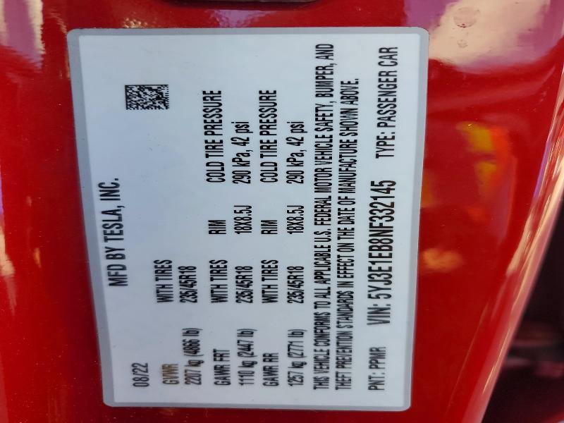 Продажа на аукционе авто 2022 Tesla Model 3, vin: 5YJ3E1EB8NF332145, номер лота: 72583405
