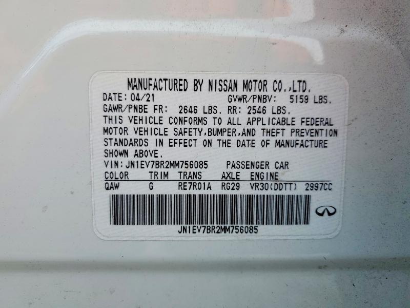 98899405 :رقم المزاد ، JN1EV7BR2MM756085 vin ، 2021 Infiniti Q50 مزاد بيع