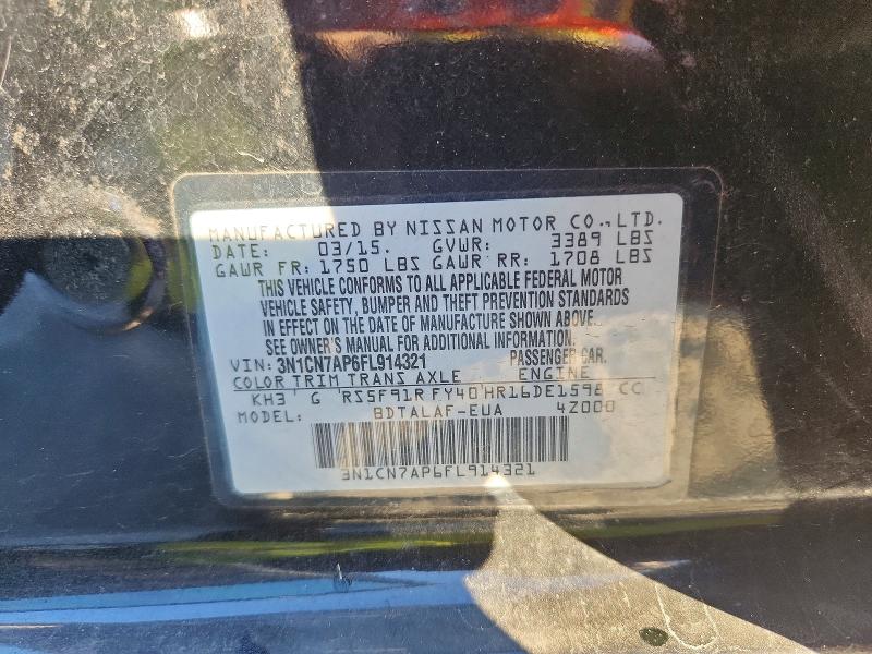 2015 Nissan Versa მანქანა იყიდება აუქციონზე, vin: 3N1CN7AP6FL914321, აუქციონის ნომერი: 72471945