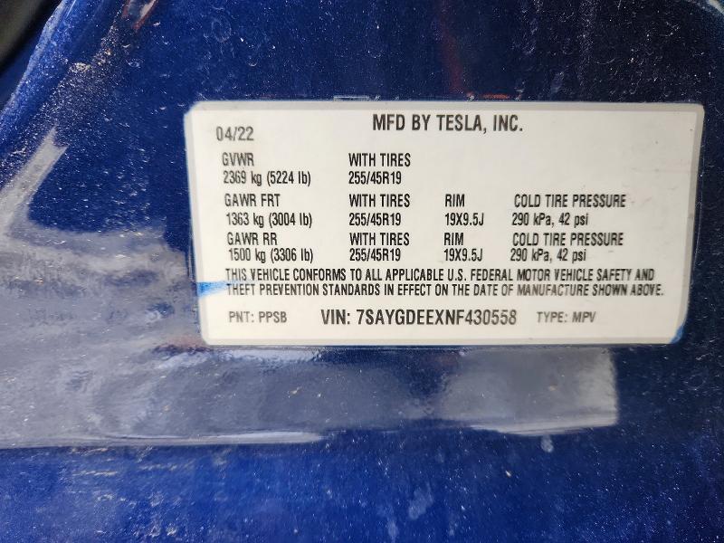 74706665 :رقم المزاد ، 7SAYGDEEXNF430558 vin ، 2022 Tesla Model Y مزاد بيع